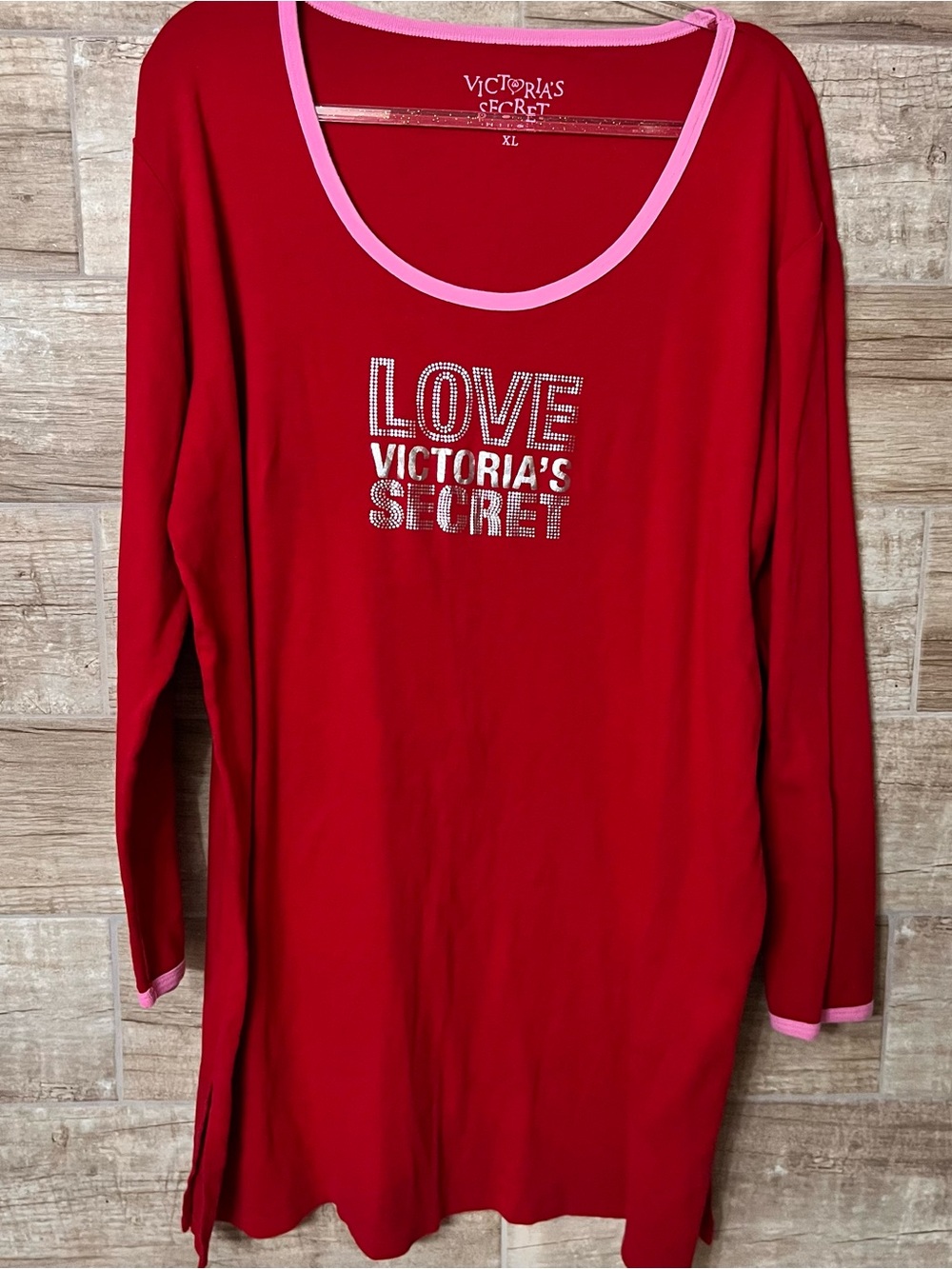 y2k Victoria's Secret Red Long Sleeve Sleep Tunic with Pink Trim